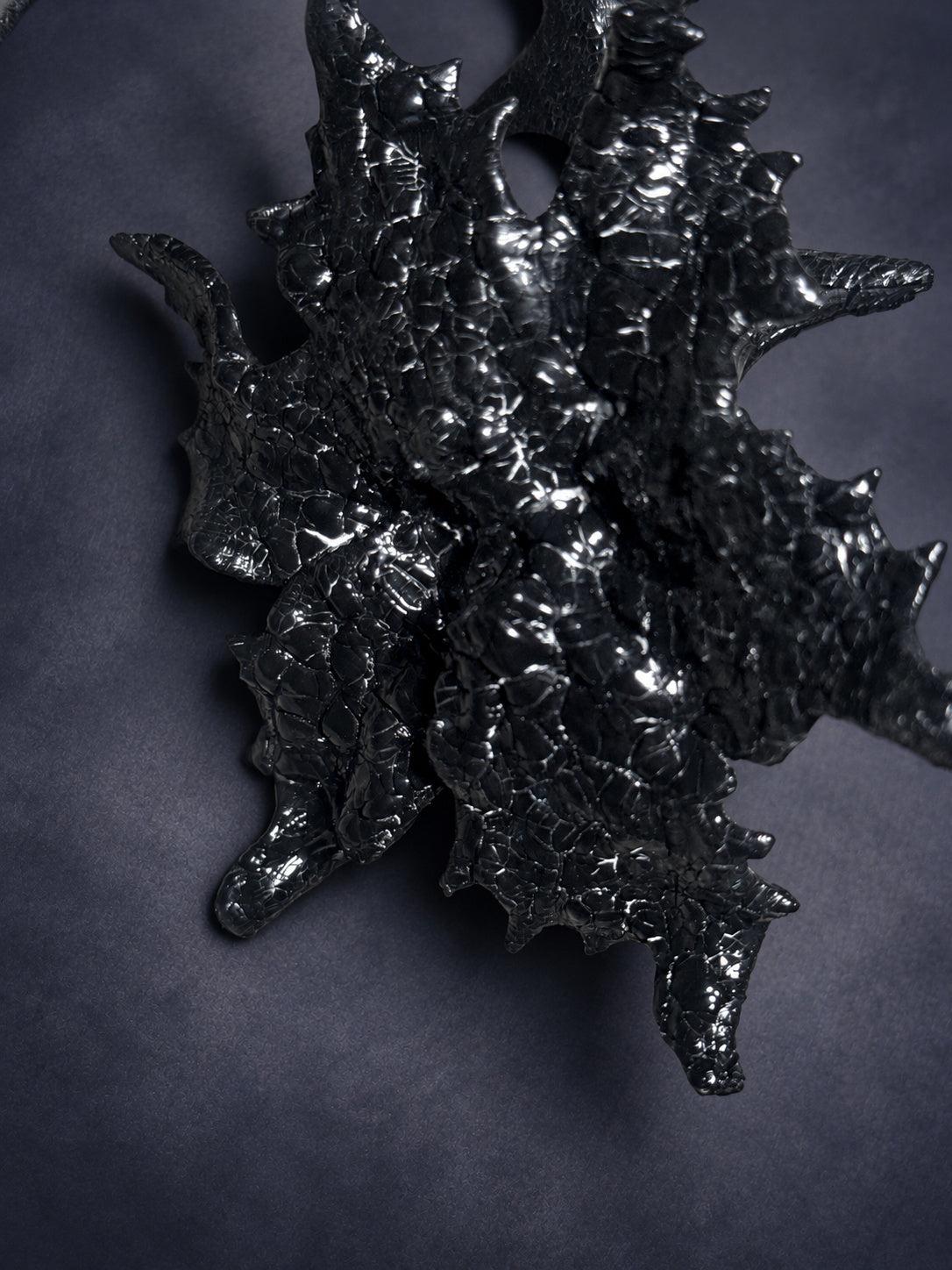 Close-up of the glossy fractured surface and pointed edges of Thorn Bloom Talisman.